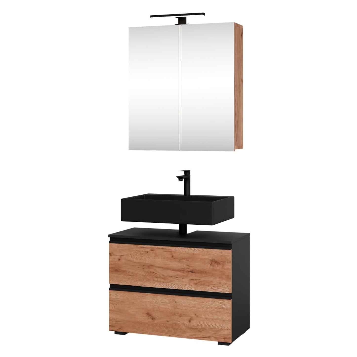 Planetmöbel EDA 80 cm Vanity Unit, Vanity Unit, Bathroom Cabinet for Guest Toilet and Bathroom, Anthracite/Gold Oak