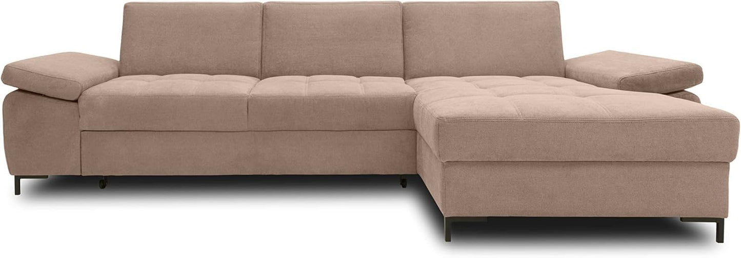 DOMO. collection Curacao Corner Sofa, Sofa Bed with Spring Core and Armrest Function in L-Shape, Couch with Sleep Function, Sofa, Upholstered Corner 297 x 160 x 84 cm (W x D x H), Cream