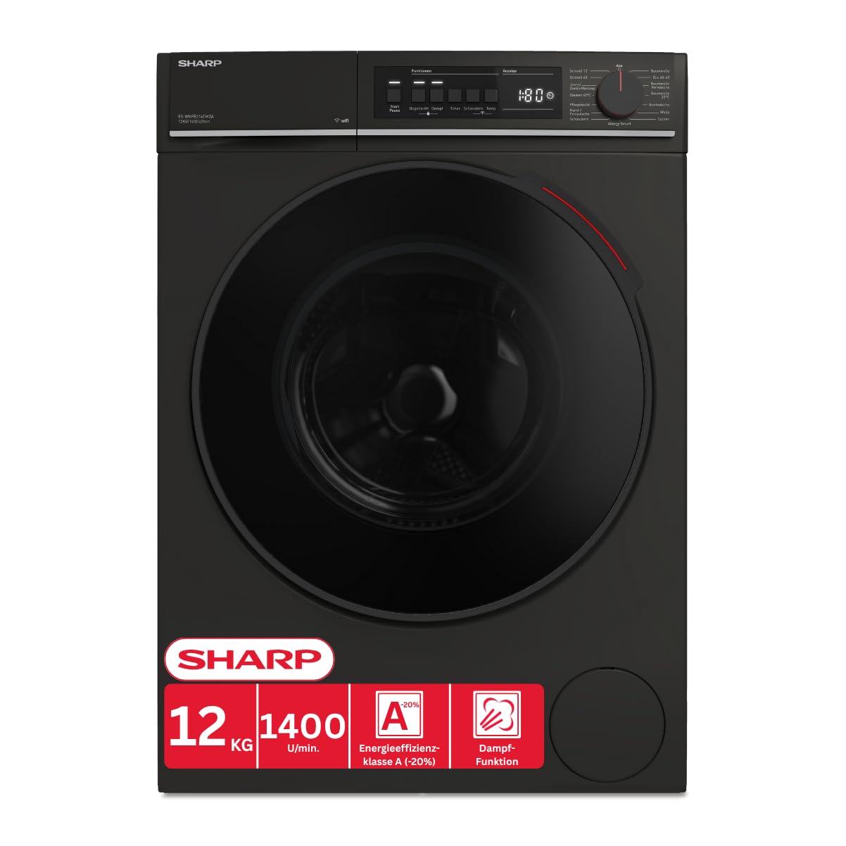 Sharp ES-WNFB214CWDA-DE Washing Machine, 12 kg, Energy Class A, 1400 rpm, Inverter Motor, AquaStop, WiFi App Control, Steam Function, Quick Wash, White