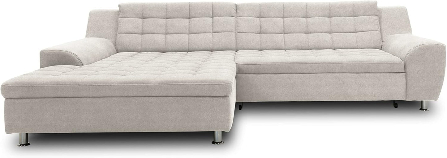 DOMO. collection Merida Corner Sofa, Sofa with Sleep Function in L-Shape, Corner Couch with Bed Box, Sofa Bed 304 x 200 x 84 cm (W x D x H), Beige