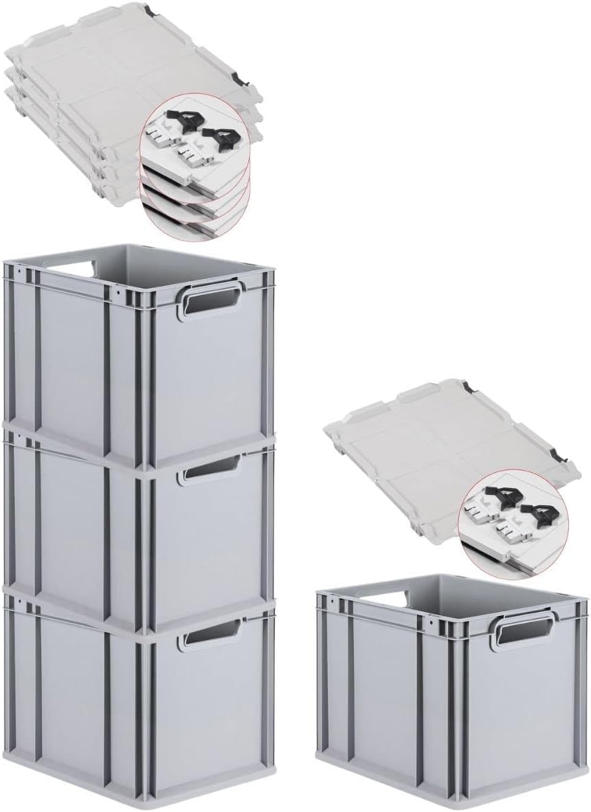 PROREGAL SuperSparSet 3 x Eurobox NextGen Grip with Lid and Yellow Clasps, H x W x D 32 x 40 x 60 cm, 65 Litres, Open Handles, Reinforced Base, Euro Container, Transport Box