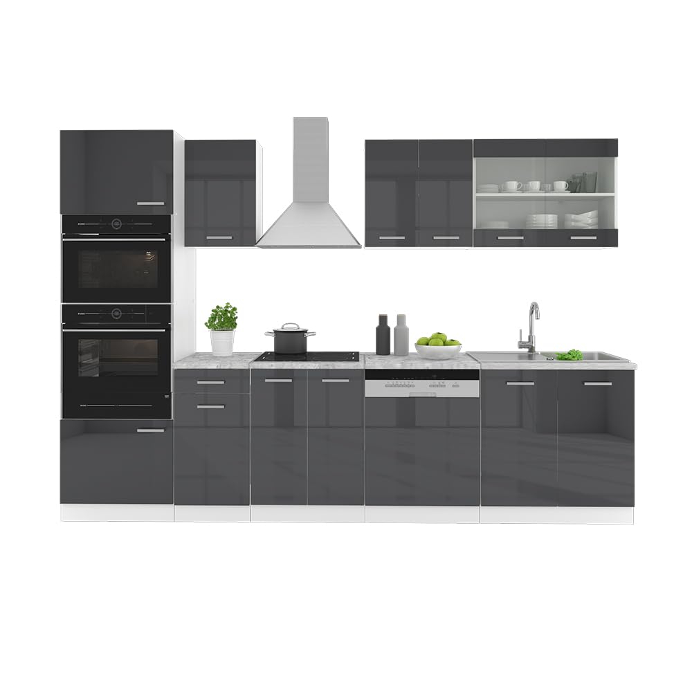 Vicco R-Line Kitchen Unit, High-Gloss Anthracite/White, 300 cm with Tall Cabinet, without Worktop