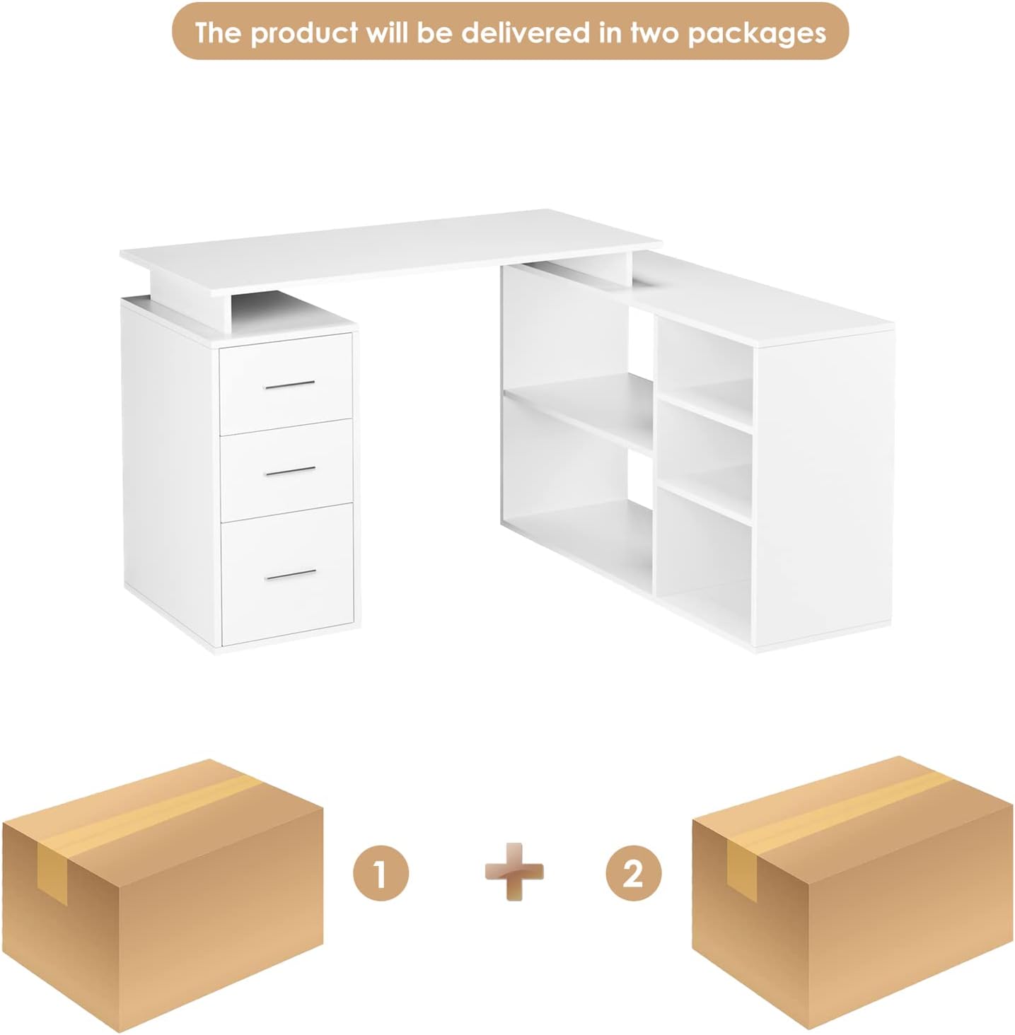 FirFurd 129 x 104 cm Corner Desk, L-shaped Desk, Kids Computer Desk for Adults with 3 Drawers and 5 Shelves for Home Office, 129 x 104 x 76 cm, White