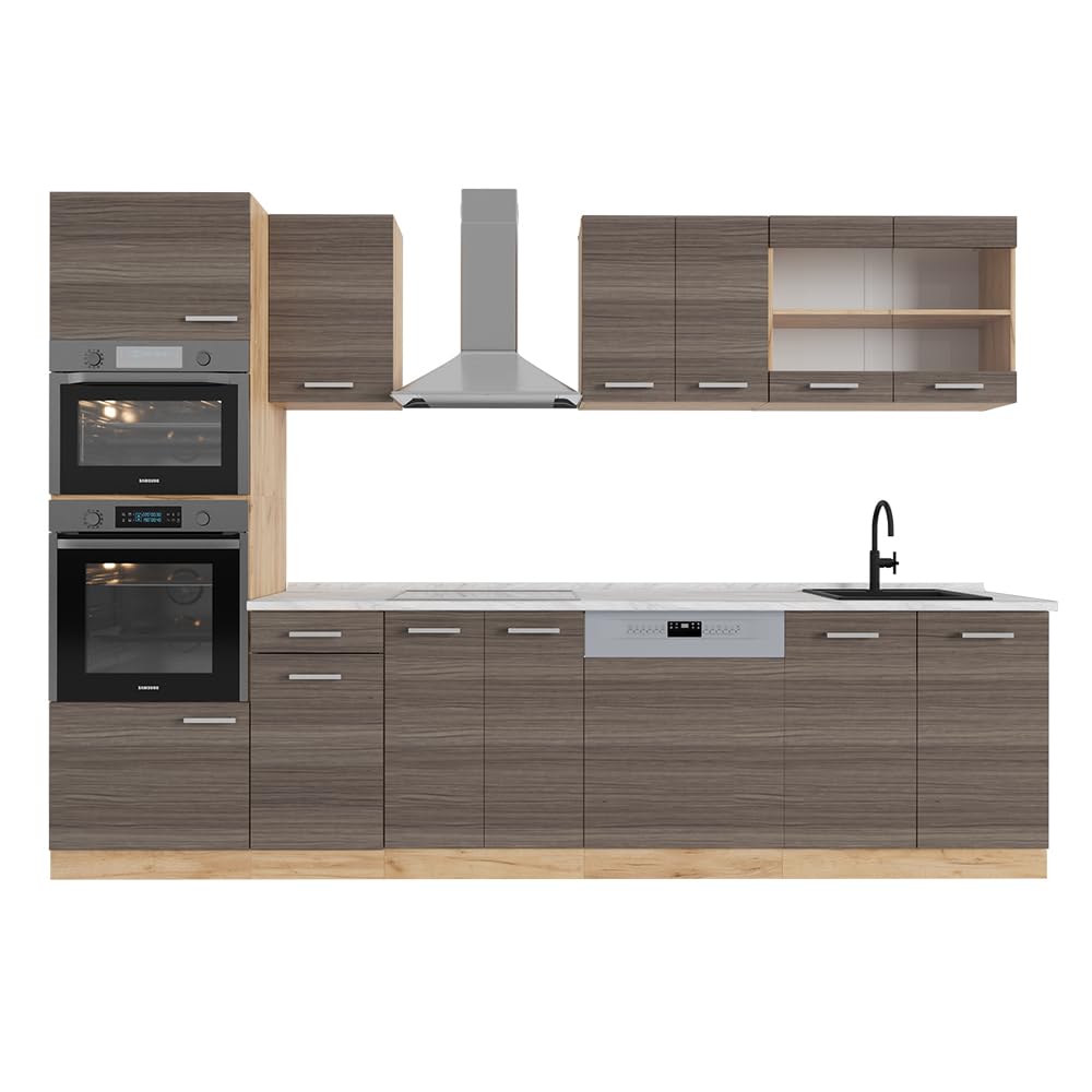 Vicco R-Line Kitchen Unit, High-Gloss Anthracite/Goldkraft Oak, 300 cm with Tall Cabinet, without Worktop