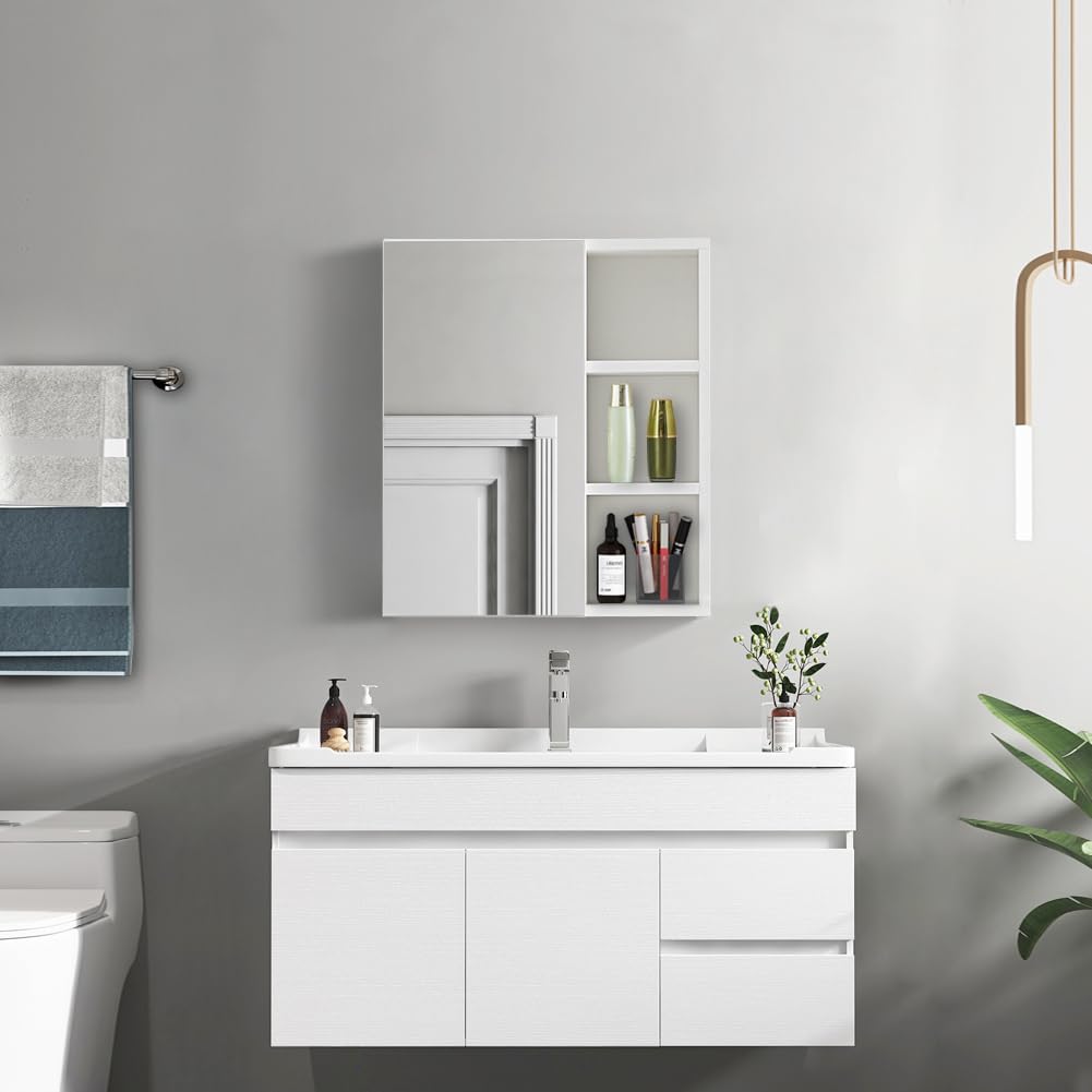 TUKAILAI Mirror Cabinet Bathroom Cabinet with 2 Toy Doors and Additional Shelf Storage Cabinet with Adjustable Shelves Wall Cabinet Medicine Cabinet Wall Cabinet for Bathroom White