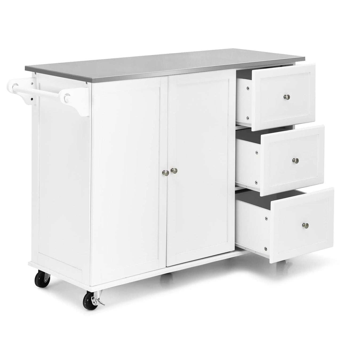 KOMFOTTEU Movable Kitchen Island with Stainless Steel Worktop, Kitchen Trolley with 3 Drawers & Towel Rail & Adjustable Shelf, Kitchen Cabinet on Wheels, Kitchen Trolley 135 x 45.5 x 91.5 cm (Black)
