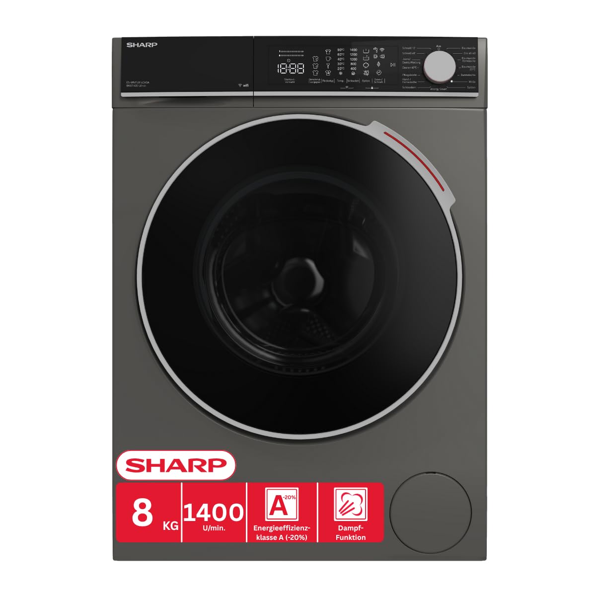 Sharp ES-WNFL914CMDA-DE Washing Machine, 9 kg, 1400 rpm, Energy Efficiency Class A (-20%), Inverter Motor, AquaStop, AquaGuard, WiFi, LED Touch, Steam Function, Black