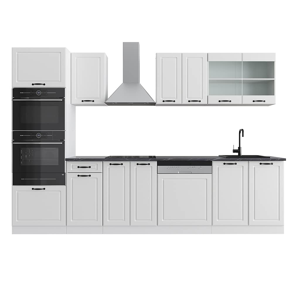 Vicco R-Line Kitchen Unit, High-Gloss Anthracite/White, 300 cm with Tall Cabinet, without Worktop