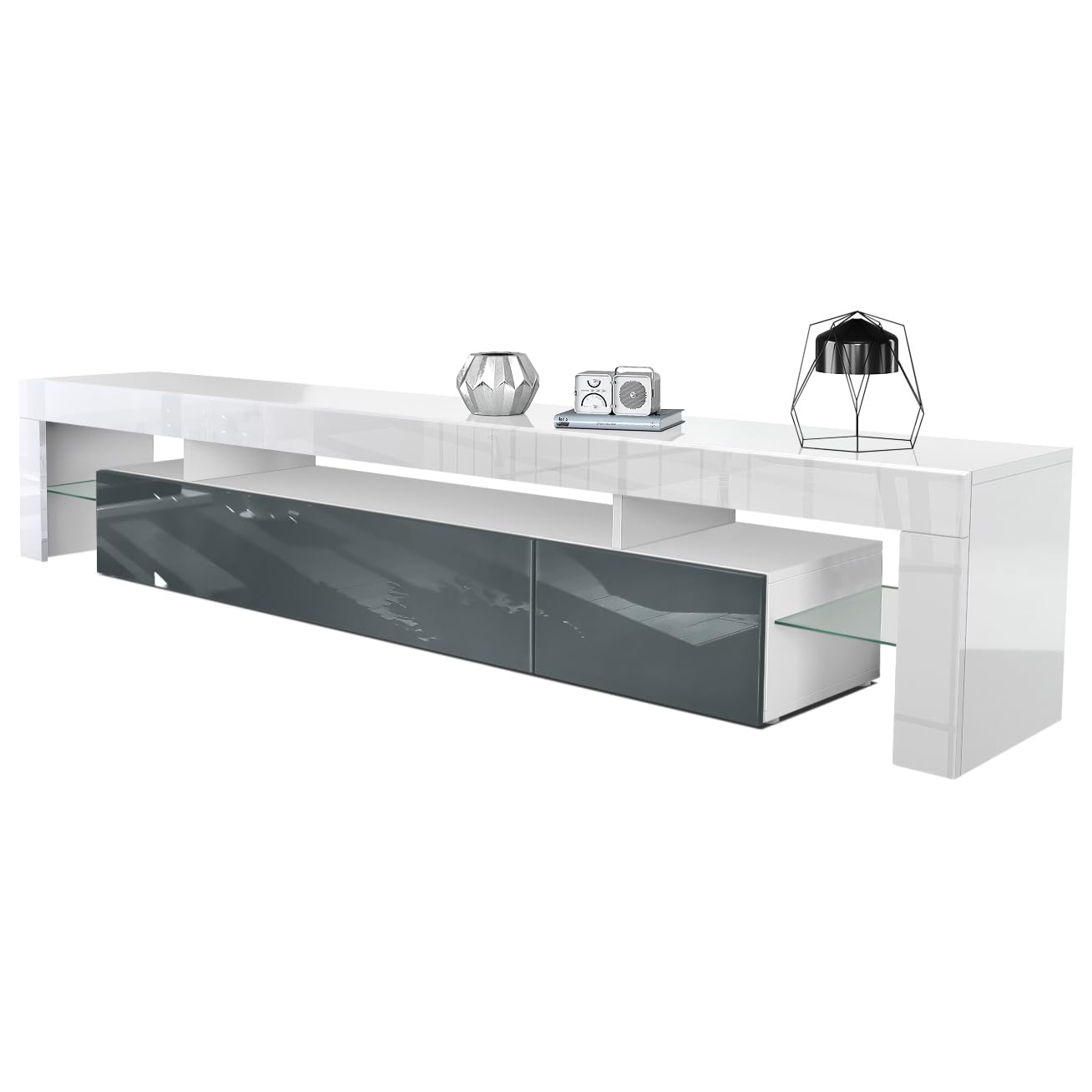Vladon TV Stand Unit Lima V2, Carcass in White/Front in Black High Gloss