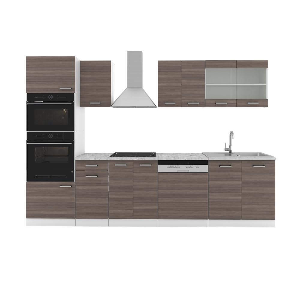 Vicco R-Line Kitchen Unit, High-Gloss Anthracite/White, 300 cm with Tall Cabinet, without Worktop