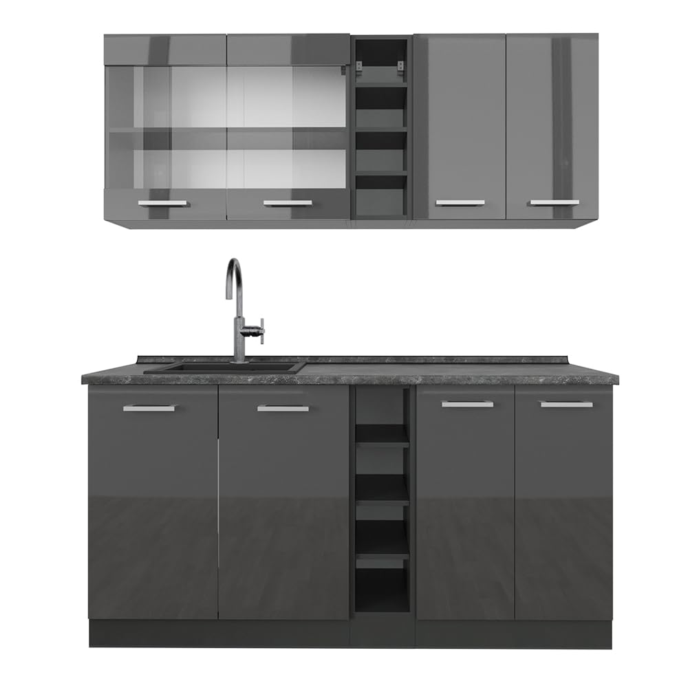 Vicco Single Kitchen R-Line White High Gloss / Anthracite 160 cm without Worktop