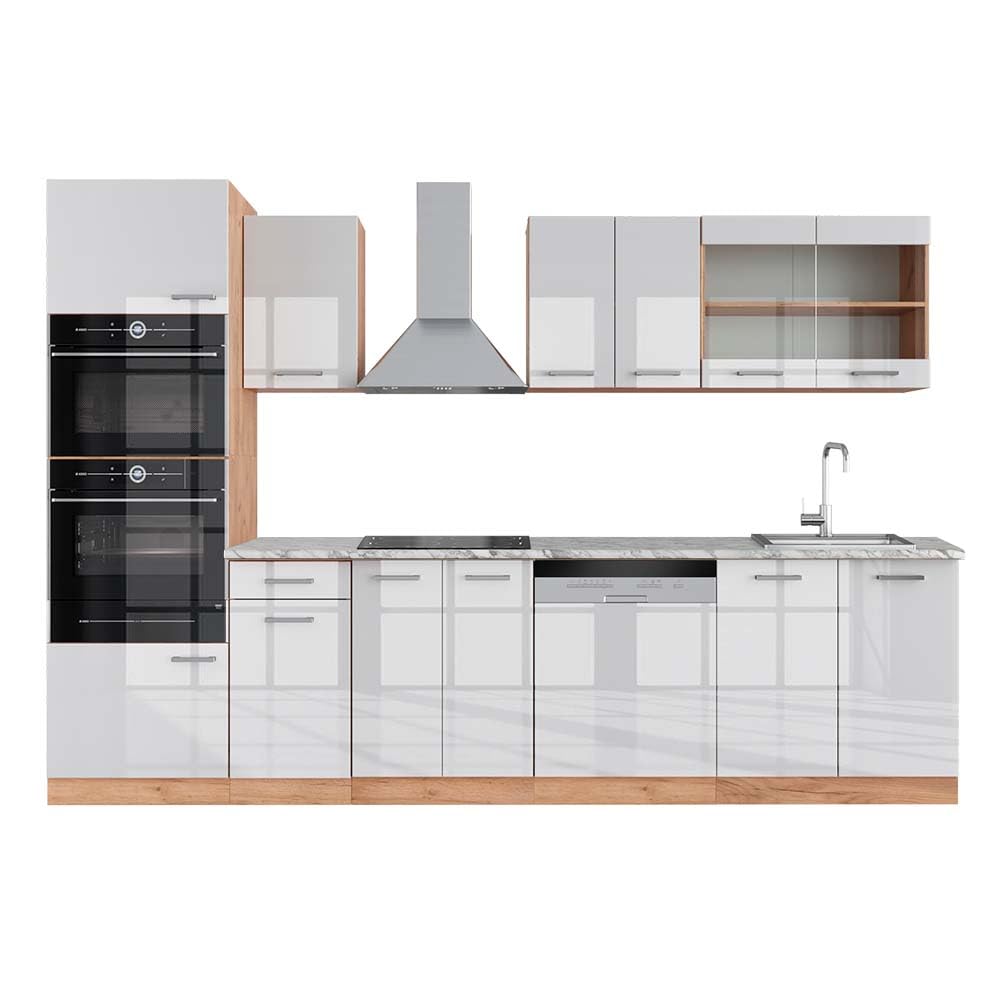 Vicco R-Line Kitchen Unit, High-Gloss Anthracite/Goldkraft Oak, 300 cm with Tall Cabinet, without Worktop
