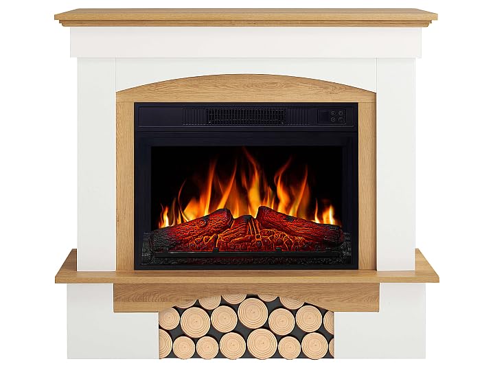 Woodley AF23BS White Brick Effect Electric Fireplace with LED Flame Effect, Heating up to 30 m², Remote Control, Realistic Design, Energy Saving, Freestanding, Grey Oak