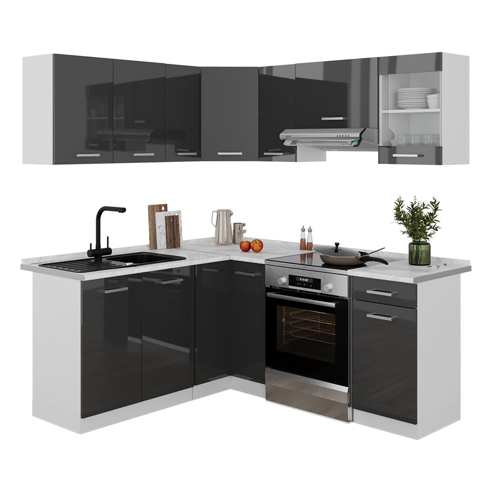 Vicco Rick Corner Kitchen, Anthracite High Gloss/White, 190 x 60 cm, AP Marble