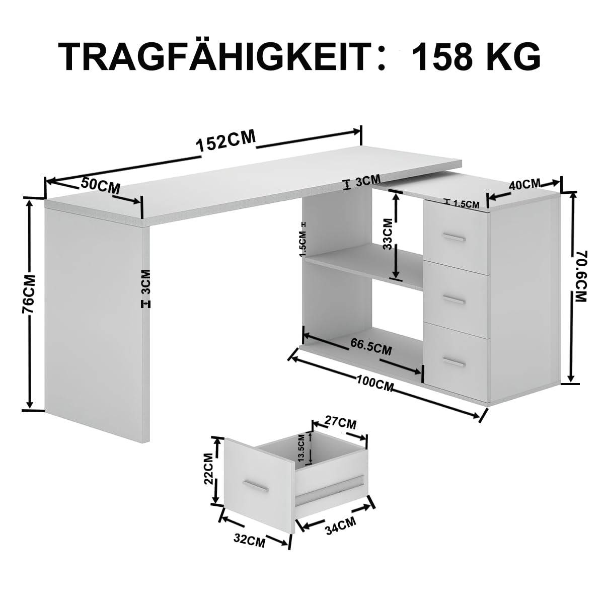 HSH Desk L Shape Modern Corner Desk Computer Desk with 3 Drawers and 2 Shelves Reversible Corner Desk with Storage Space for Home Office Table Desk White 140 cm