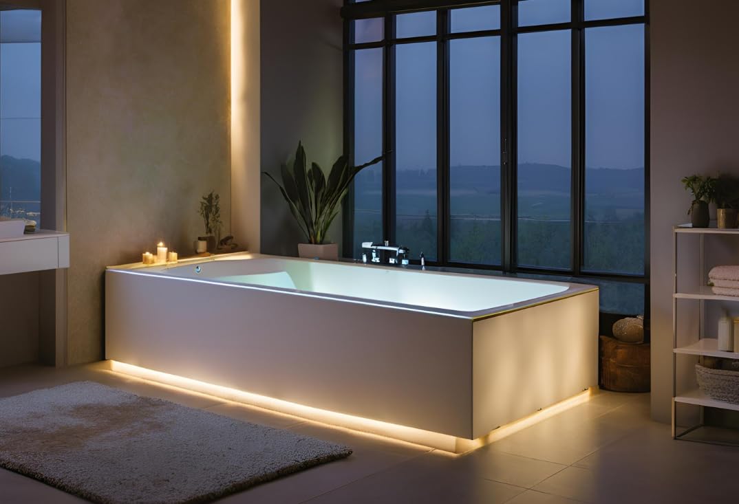 VBChome Bathtub 160 x 70 cm White Acrylic Space for LED Lighting Polystyrene Support Bath Support Siphon Tub Rectangular White Design Modern Drain Fitting in Chrome