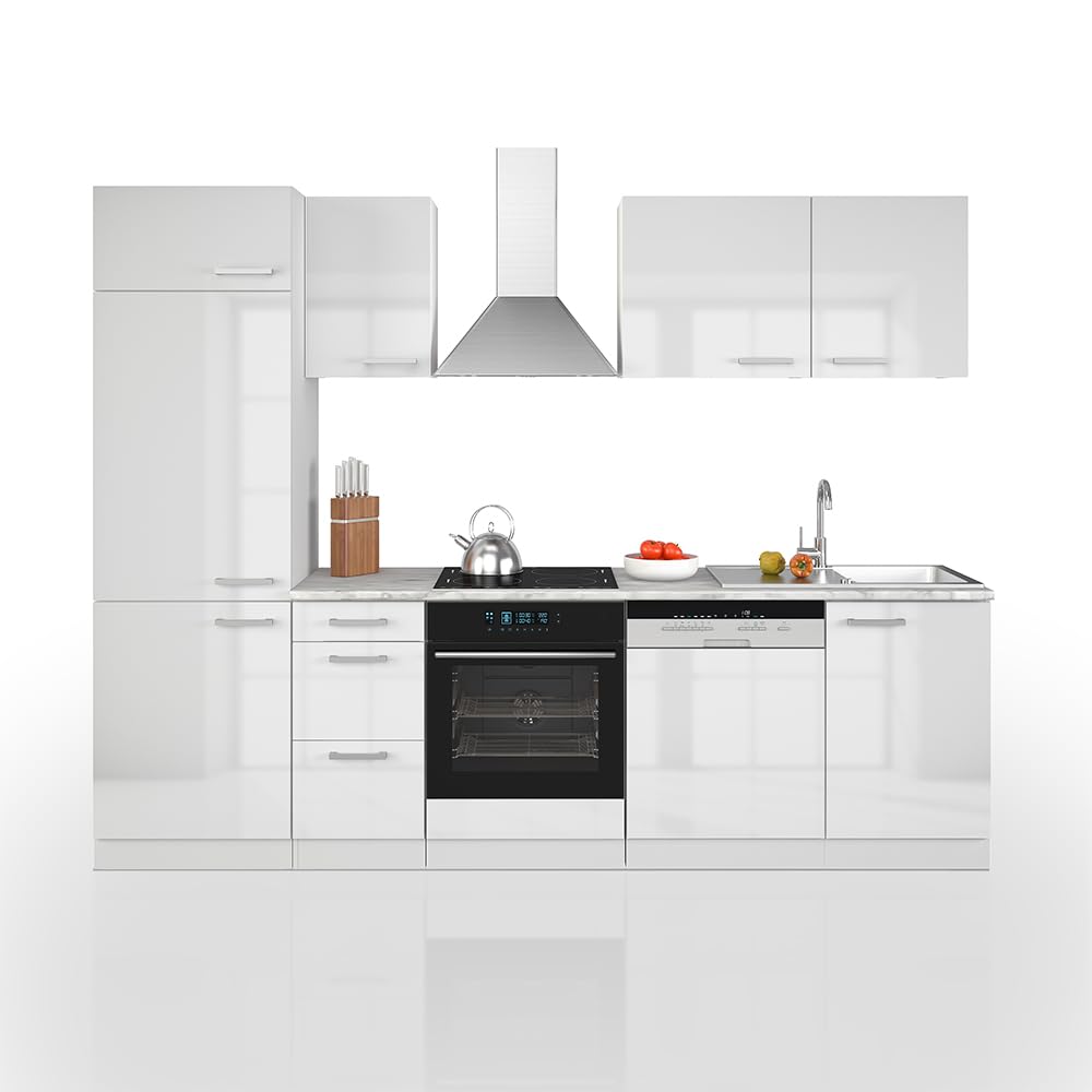 Vicco Küchenzeile Optima, Weiß Hochglanz/Weiß, 270 cm ohne Arbeitsplatte