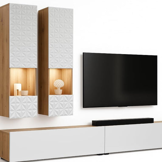 trendteam smart living - Rezzo - Living Wall - Oak / White Matt - Living Room Furniture with Soft-Close Function - (W x H x D) 241 x 200 x 30 cm - TV Base Can be Mounted Standing or Hanging
