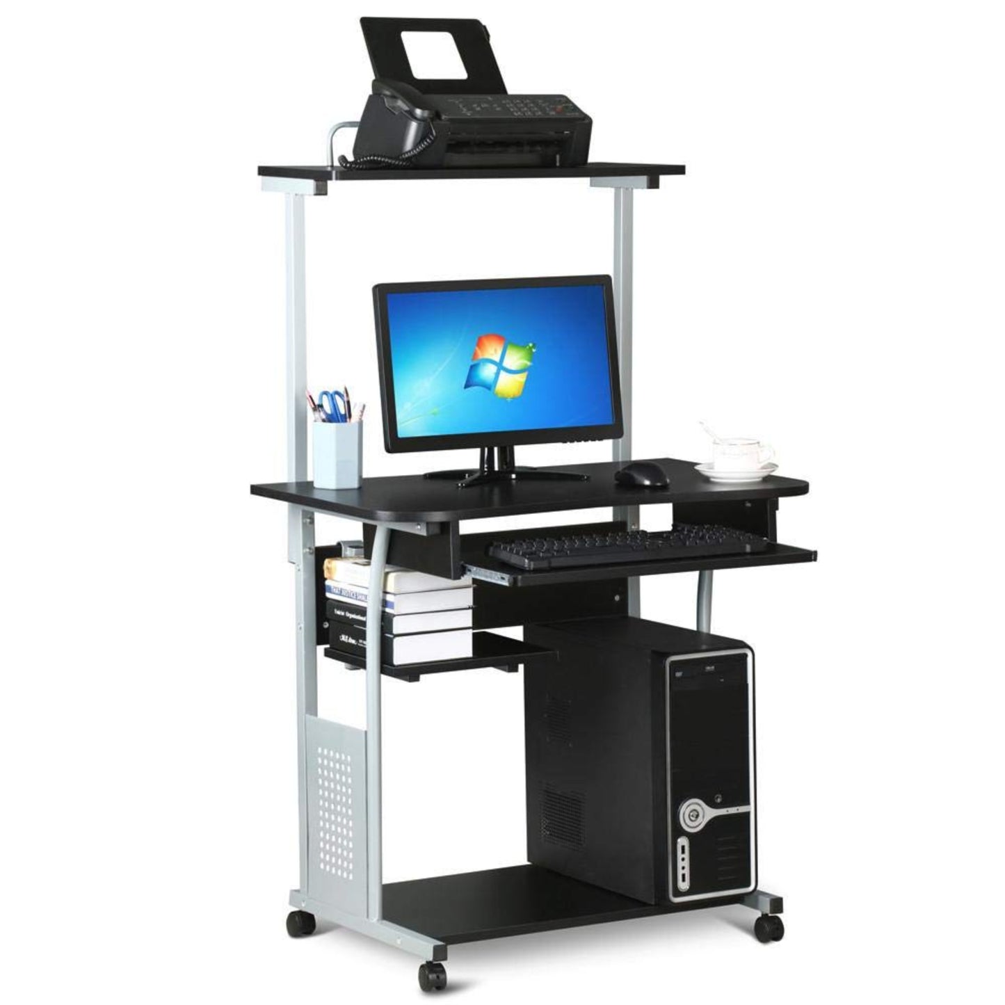 Yaheetech Desk with Printer Shelf Computer Desk Black PC Table with 4 Wheels 80 x 50 x 132 cm
