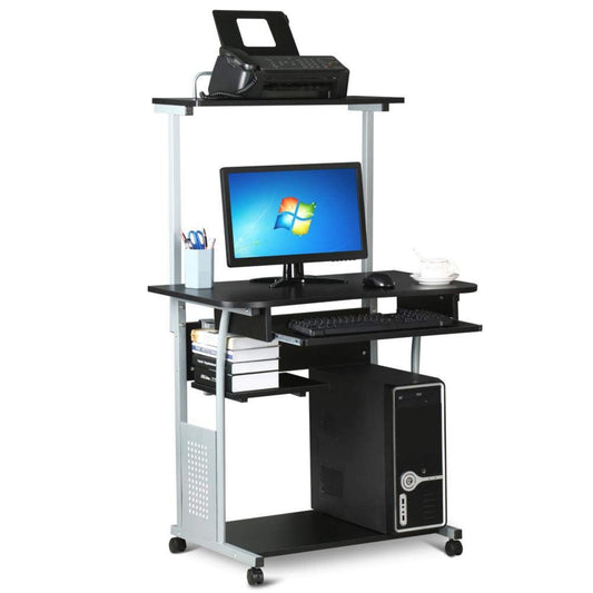 Yaheetech Desk with Printer Shelf Computer Desk Black PC Table with 4 Wheels 80 x 50 x 132 cm