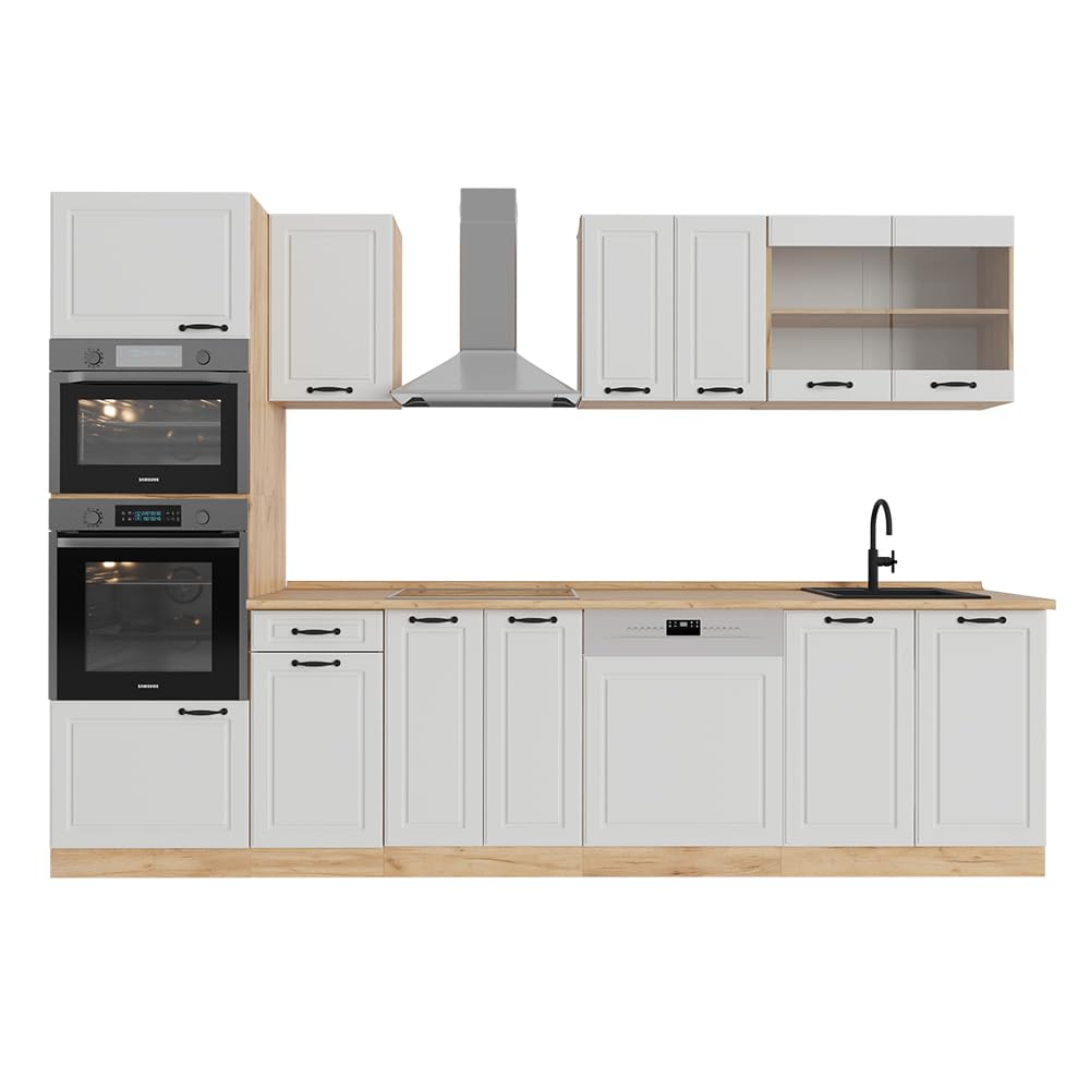Vicco R-Line Kitchen Unit, High-Gloss Anthracite/Goldkraft Oak, 300 cm with Tall Cabinet, without Worktop