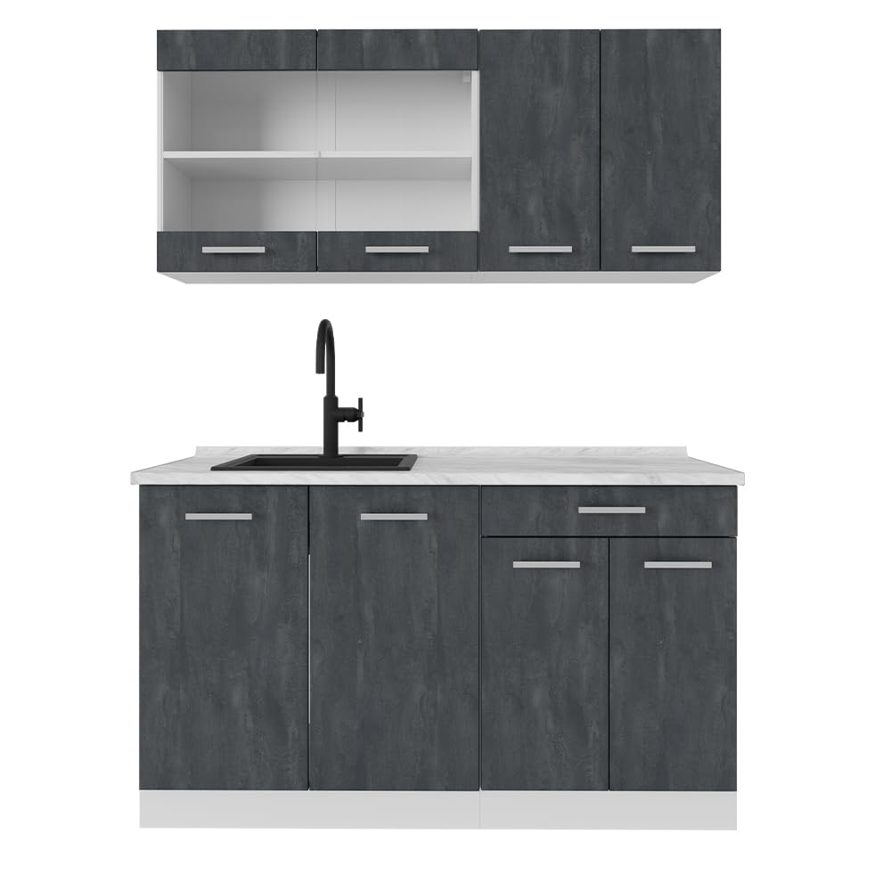 Vicco Single Kitchen R-Line, Blue/Grey/White, 140 cm, AP Anthracite