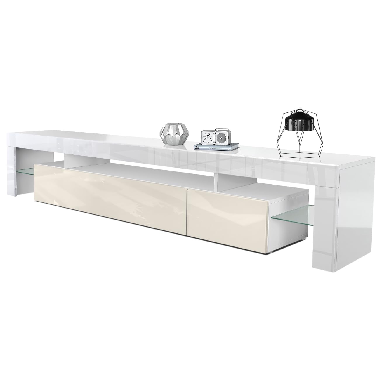 Vladon TV Stand Unit Lima V2, Carcass in White/Front in Black High Gloss