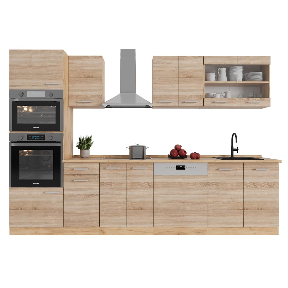 Vicco R-Line Kitchen Unit, High-Gloss Anthracite/Goldkraft Oak, 300 cm with Tall Cabinet, without Worktop