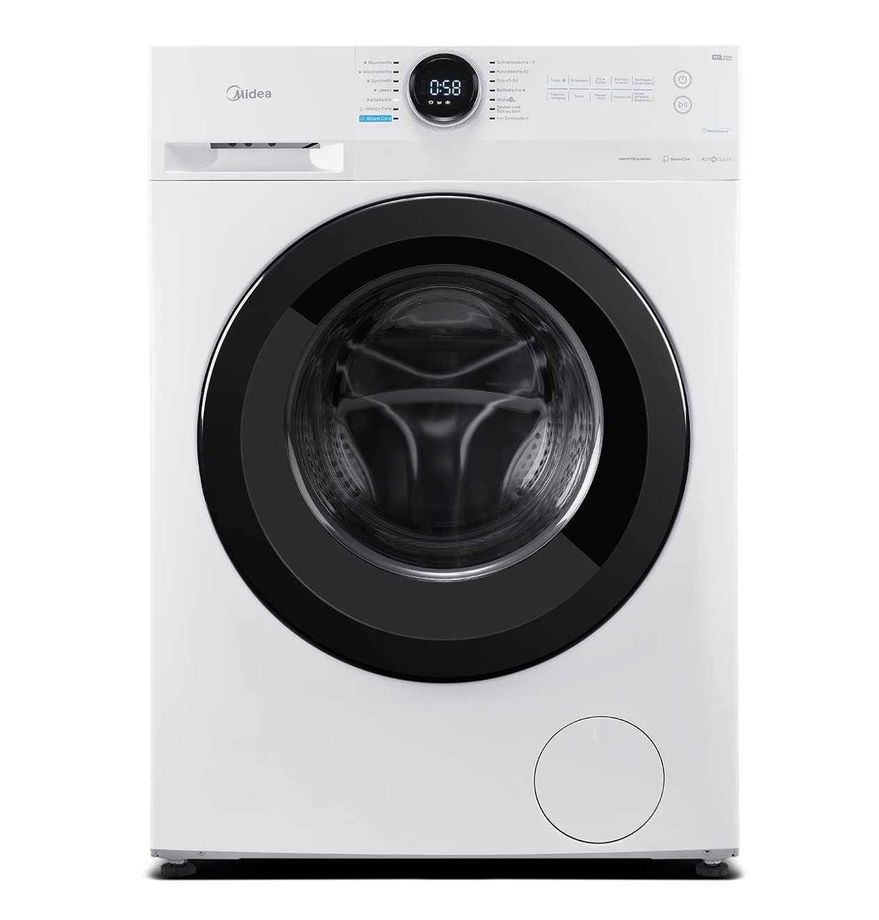 Midea MF200W80WB-14AS Washing Machine, 8 kg, Energy Efficiency Class A, Automatic Volume, Steam Care, Refill Function, 1400 rpm, Time Saving, Turbo, Only 48 cm Deep, App Control, AquaStop, White