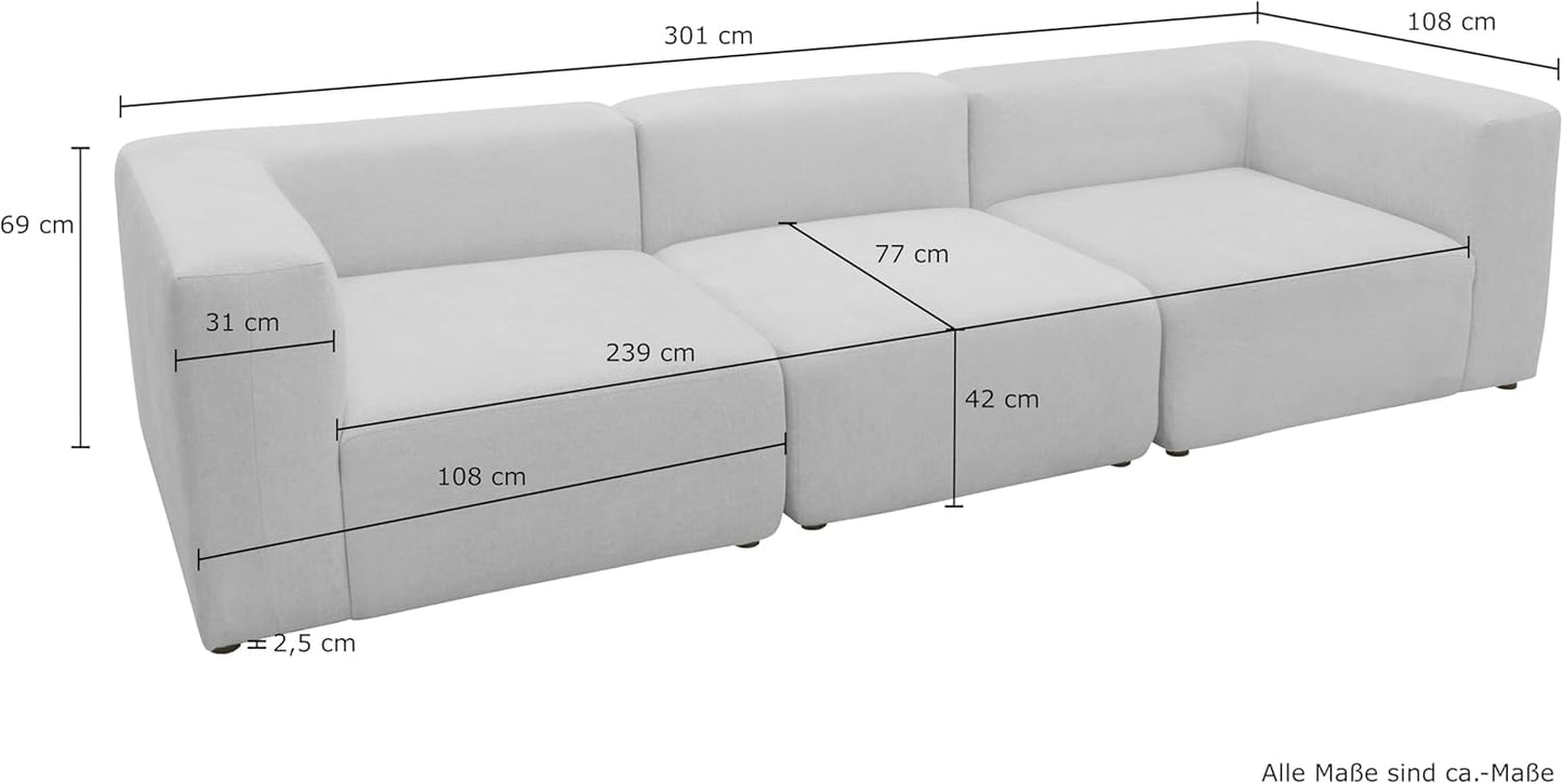 DOMO. collection Adrian Modular Sofa, 3-Seater Made of 2 x Corner Chairs and 1 x Chair, Big Sofa, Module Couch, 3 Upholstery Elements, 3-Seater Couch, 301 x 108 x 69 cm (W x D x H), Cream