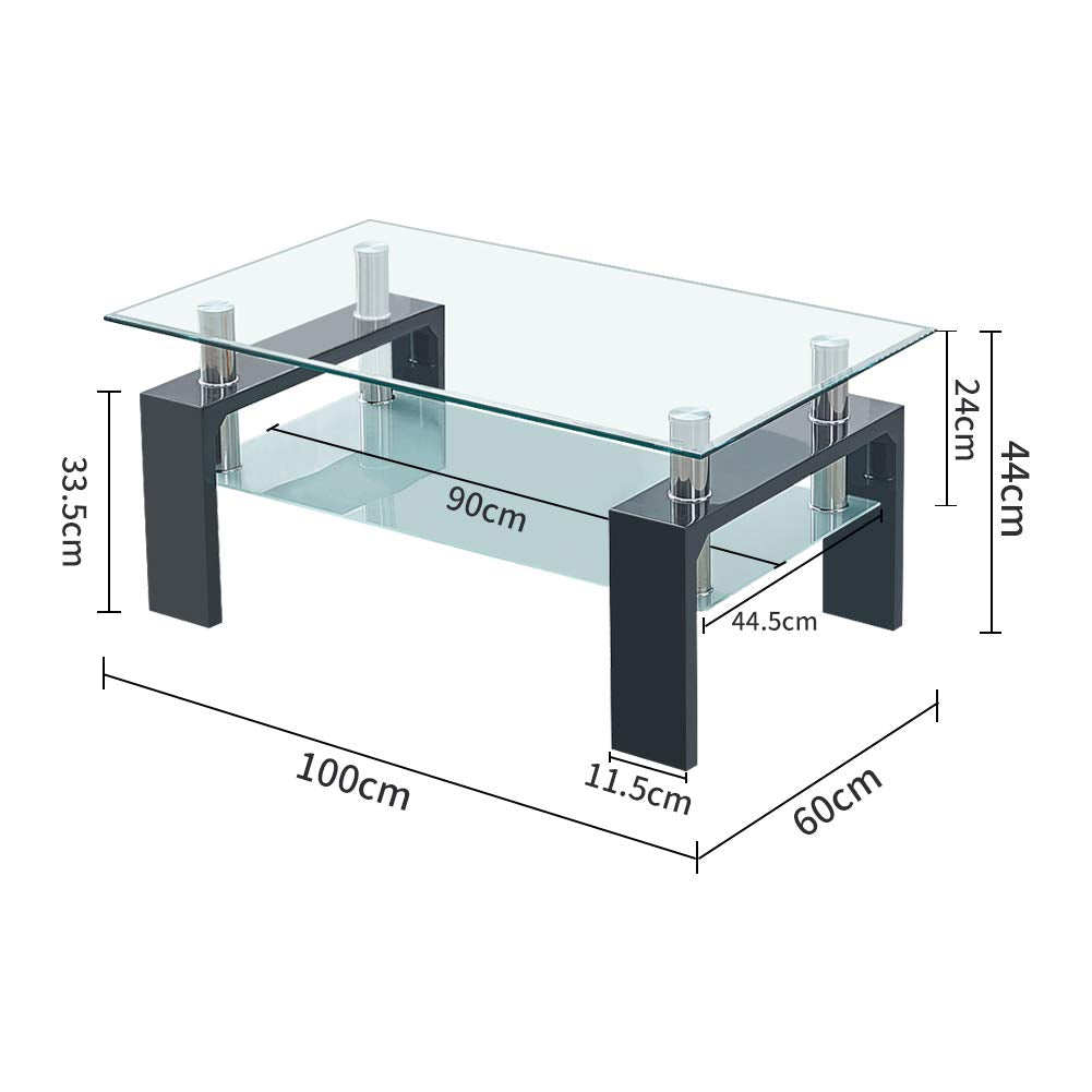 CLIPOP Rectangular Coffee Table Made of Tempered Glass, Living Room Table, Modern Sofa Table with Storage Space, Coffee Table, Glass Table with Lower Shelf for Living Room, Balcony, Bedroom, 100 x 60