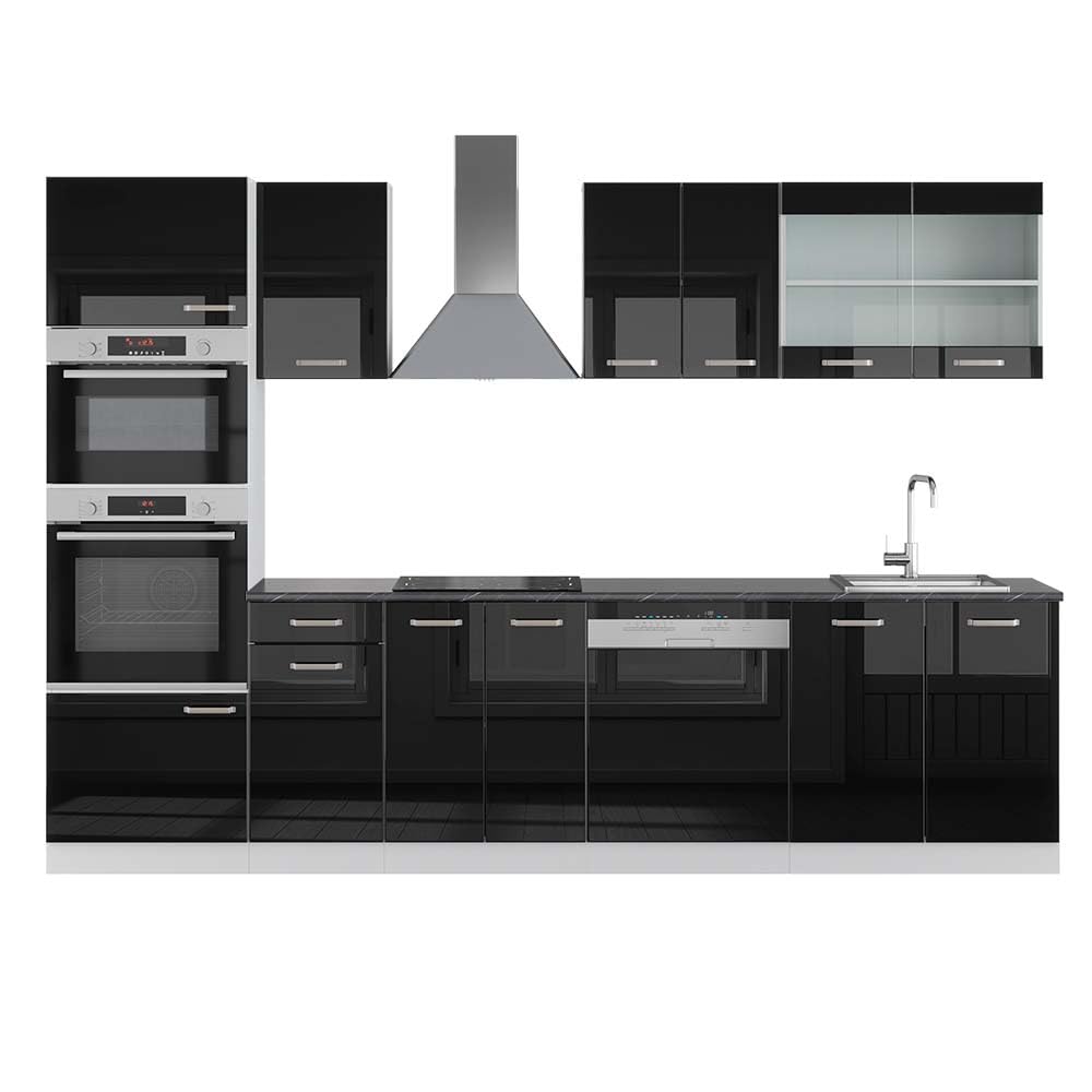 Vicco R-Line Kitchen Unit, High-Gloss Anthracite/White, 300 cm with Tall Cabinet, without Worktop