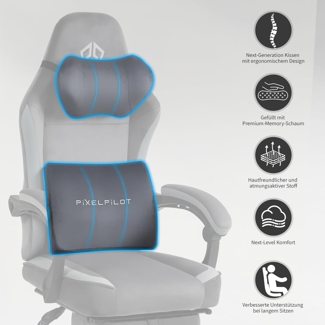PixelPilot Ergonomic Gaming Chair [Breathable Fabric] Gaming Chair with Footrest, Head and Lumbar Support, Gamer PC Chair Wide Seat, Office Chair 150 kg Load Capacity (Nebula I, Grey)