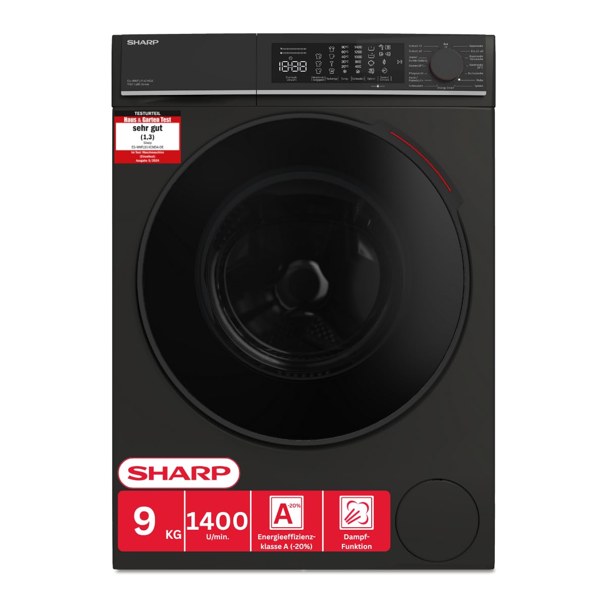 Sharp ES-WNFL914CMDA-DE Washing Machine, 9 kg, 1400 rpm, Energy Efficiency Class A (-20%), Inverter Motor, AquaStop, AquaGuard, WiFi, LED Touch, Steam Function, Black