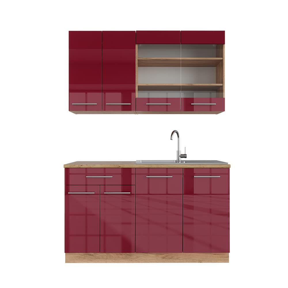 Vicco Kitchen Unit, Kitchen Block, Fitted Kitchen, Fame-Line, Single, Country House, 140 cm, Modern Kitchen Cabinets, Sink Cabinets, Drawers Cabinet Base, Wall Cupboard, Wall Glass Cabinet (Oak, Anthracite, Gold)
