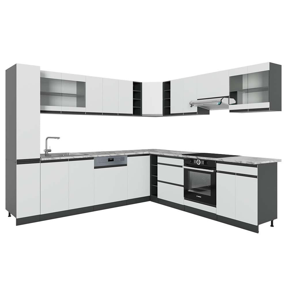 Vicco Eckküche R-Line, Küchenzeile in L-Form, Weiß, 257 x 60 cm J-Shape, ohne Arbeitsplatte