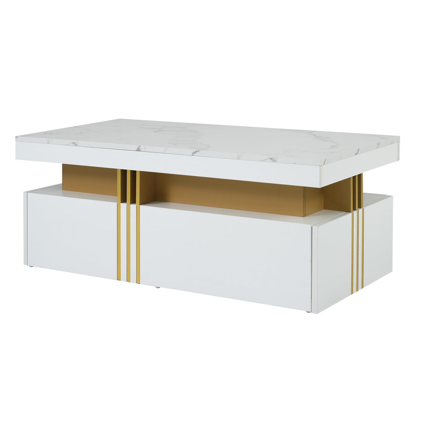 Merax Coffee Table LED High Gloss Middle Table Tea Table for Living Room Black Living Room Table with 2 Drawers and Open Compartment, Rectangular Side Table Sofa Table Coffee Table for Bedroom Office