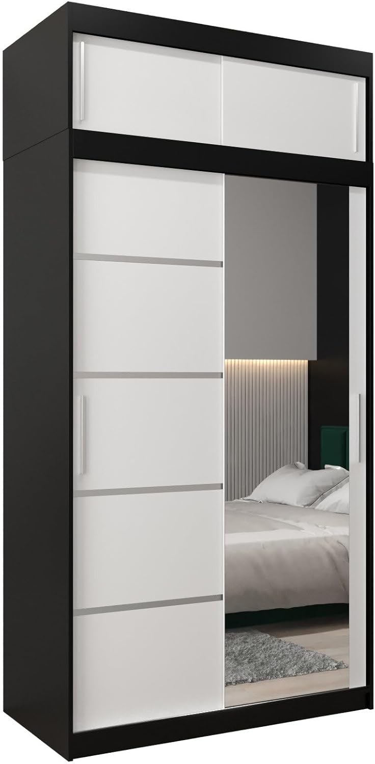MEBLE KRYSPOL Verona 2, 250 cm Bedroom Wardrobe with Three Sliding Doors, Mirror, Clothes Rail and Shelves, 250 x 200 x 62 cm, Matt Black