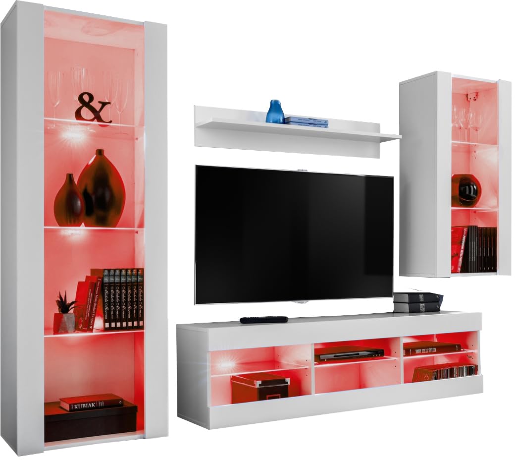 Komodee Tivoli Medio Wall Unit Living Room Set, Black/Black, Width 245 cm x Height 159 cm x Depth 35 cm, LED Blue, for Living Room, Bedroom