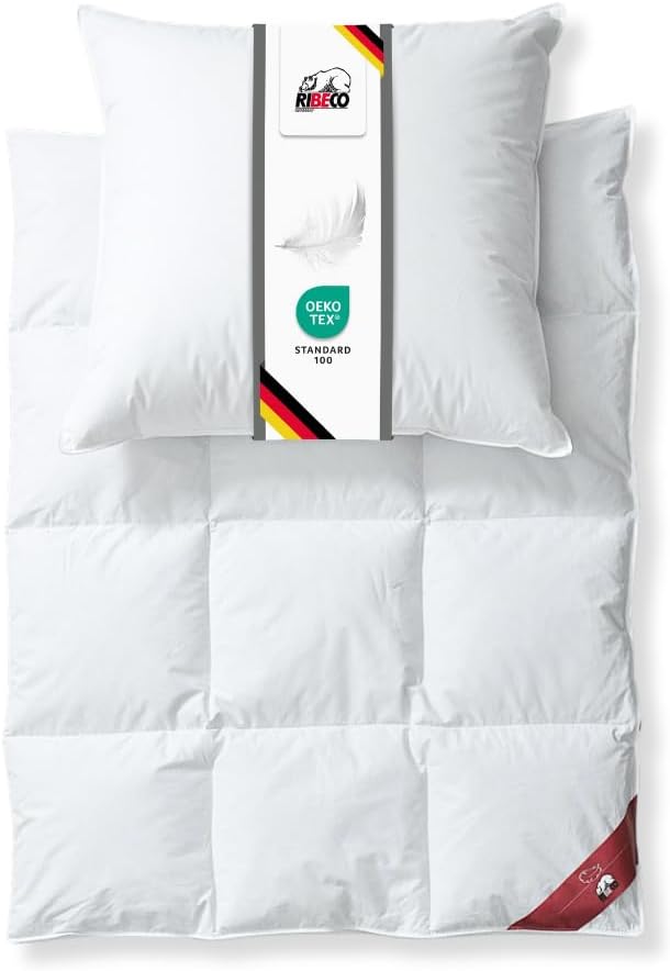 Johanna Down Duvet 135 x 200 cm & Pillow 40 x 80 cm Set of 2 - Down Duvet & Pillow Made of Feathers & Down, Allergy Friendly, Made in Germany, Warmth Class: Light