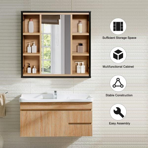 EUGAD Bathroom Mirror Cabinet with Mirror, Cabinet with Bathroom Mirror, Wall Cabinet Bathroom with Adjustable Shelves, Made of Metal Wood Material, 60 x 58 x 16 cm