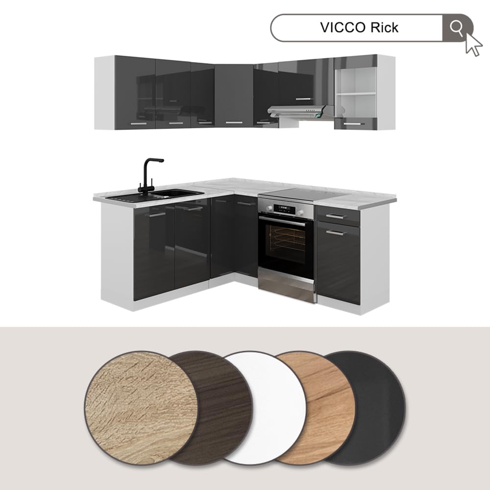 Vicco Rick Corner Kitchen, Anthracite High Gloss/White, 190 x 60 cm, AP Marble