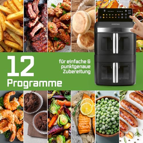 GOURMETmaxx Digitale Heißluftfritteuse 12 L, XXL-Edelstahl-Ofen | Airfryer + Timer, Touchdisplay, Drehspieß | fettarm, energiesparend frittieren | 10 Programme inkl. Pizza | 1800 W