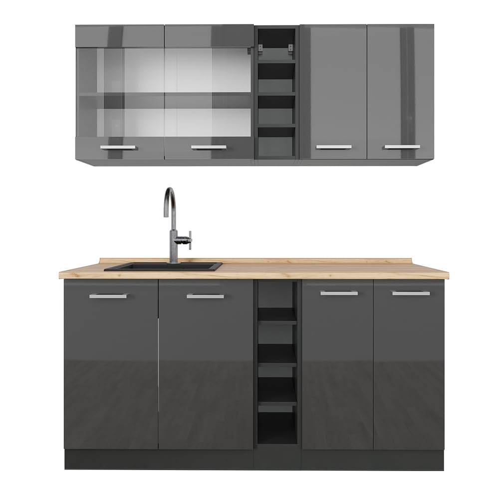 Vicco Single Kitchen R-Line White High Gloss / Anthracite 160 cm without Worktop