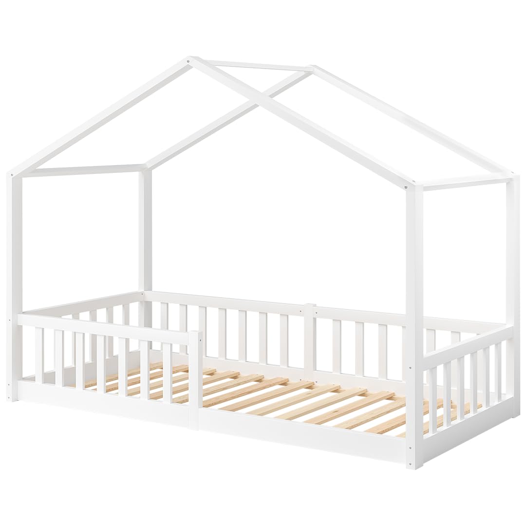 Bellabino Bia Children’s Bed, 90 x 200 cm, Children’s House Bed incl. Fall Protection and Rolled Slatted Frame, Montessori Floor Bed, White, Solid Pine Wood