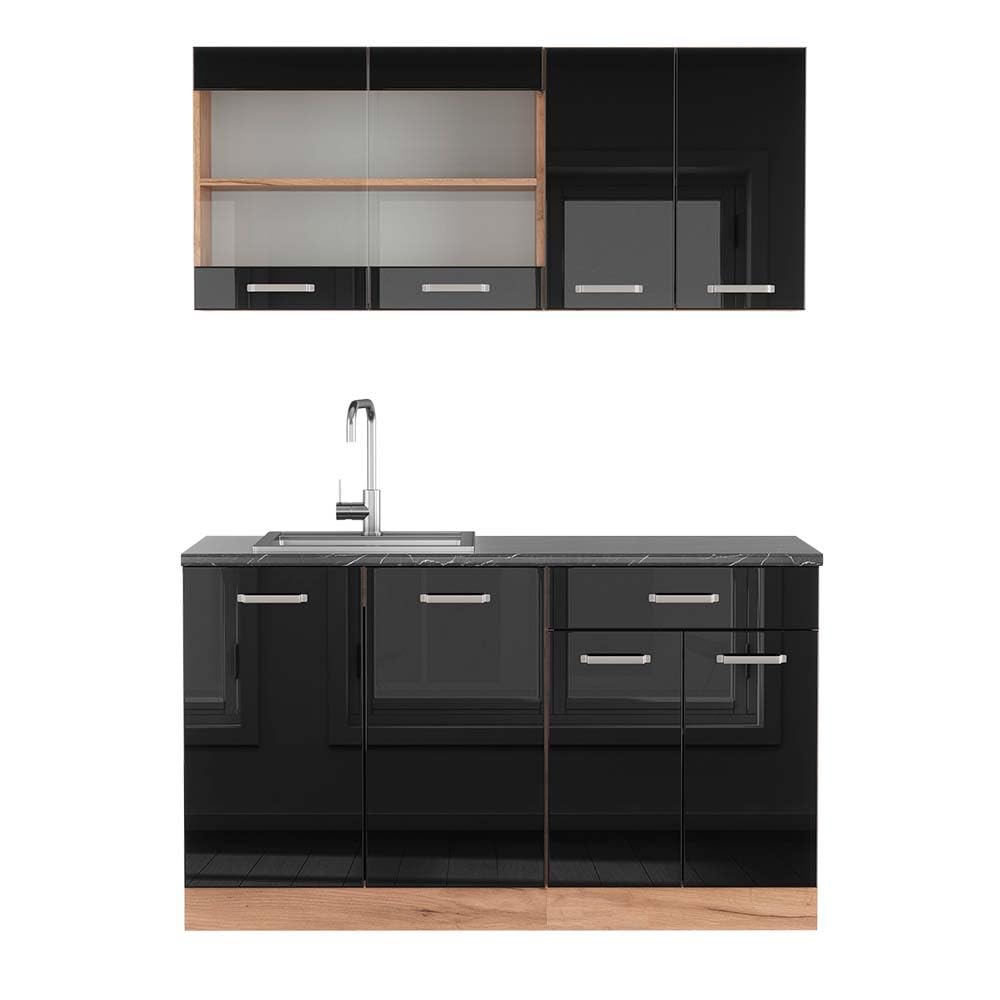 Vicco Single Kitchen R-Line, Black High Gloss / Gold Kraft Oak 140 cm, without Worktop