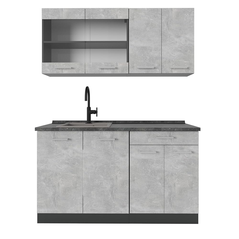 Vicco Single Kitchen R-Line, White High Gloss / Anthracite, 140 cm without Worktop