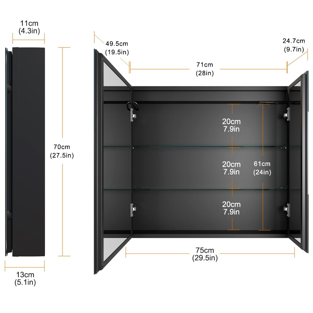 KWW LED Beleuchtetes Badezimmer Medizin Kabinett mit Spiegel, Farbtemperatur Einstellbar, Anti-Nebel Dimmbare Lichter, Steckdosen für USBs (75 x 70 cm)