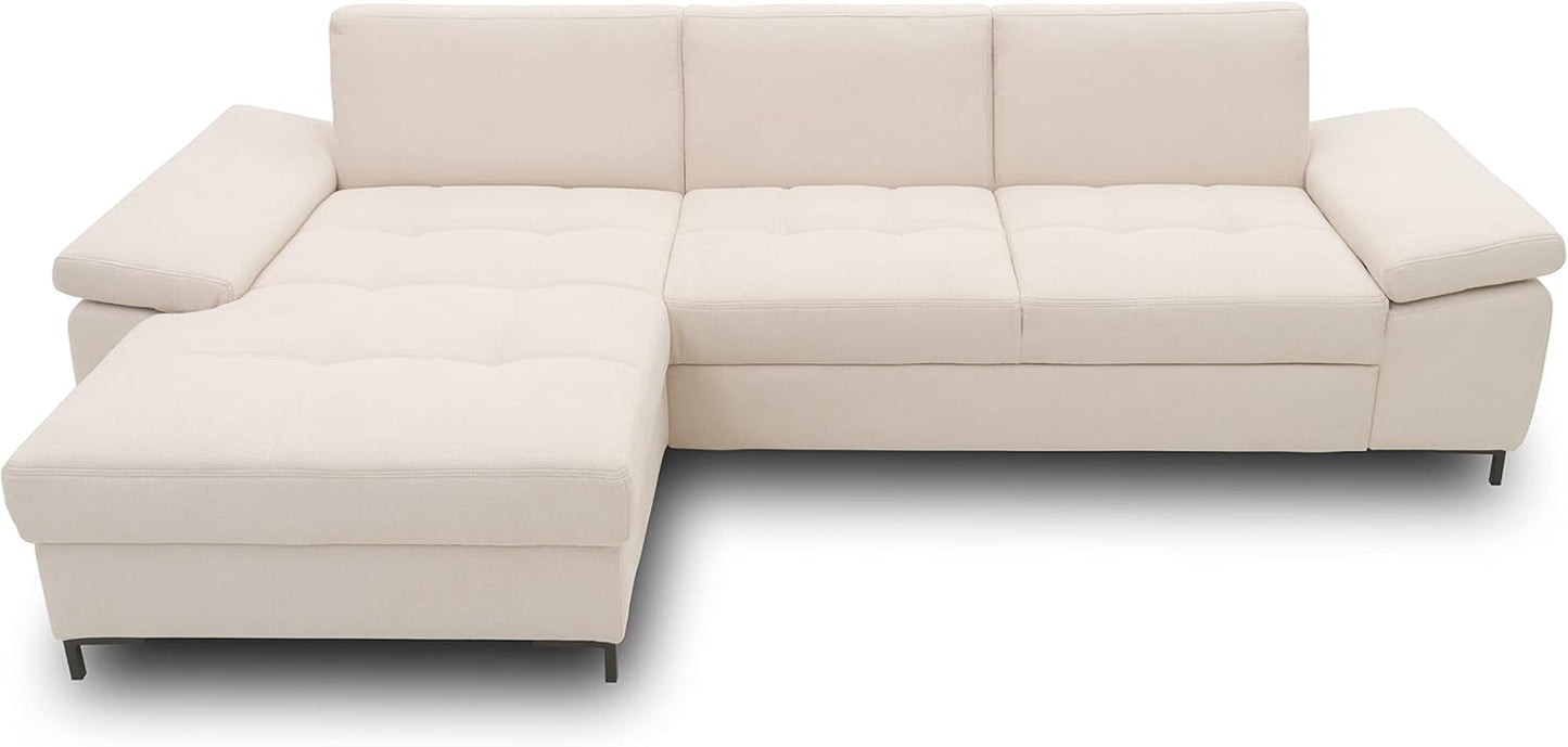 DOMO. collection Curacao Corner Sofa, Sofa Bed with Spring Core and Armrest Function in L-Shape, Couch with Sleep Function, Sofa, Upholstered Corner 297 x 160 x 84 cm (W x D x H), Cream