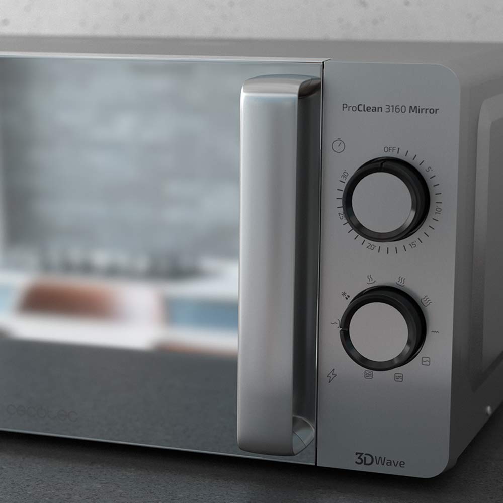 Cecotec Microondas ProClean 3160 Mirror, 20 L, Ready2Clean Coating, 800 W Grill, 9 Levels, 30 min Timer, 3D Wave Technology, Silver, Mirrored Door